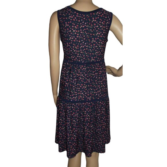 Max Studio Sz Small Navy Blue Pink Rosebud Floral Print Sleeveless Tiered Dress - Picture 7 of 12